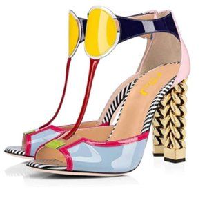 FSJ Multicolored Gold Metal Chain Thick High Heel Open Toe Strappy Sandal